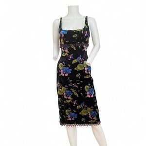 Betsey Johnson Blue Velvet Floral Slip Dress with Bright Multi-Color Print